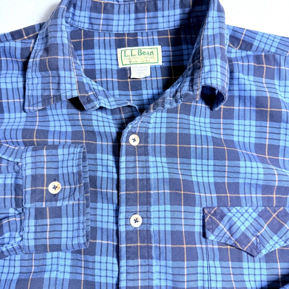 L.L. Bean Vintage Flannel Shirt Large Blue Plaid Made in USA Long Sleeve L